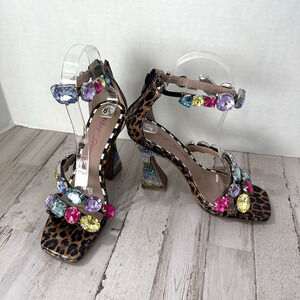 Betsey Johnson Lillie Heels 6.5M Leopard Rhinestone Block Heel Statement Sandals